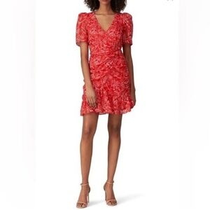 Parker Krislyn Printed Aurora Red Short Sleeve Flounce Mini Silk Dress